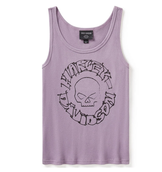 Willie G Circle Skull Sketch Ladies Art Ribbed Tank- purple