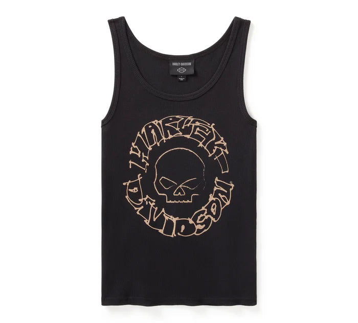 Willie G Circle Skull Sketch Ladies Art Ribbed Tank - black