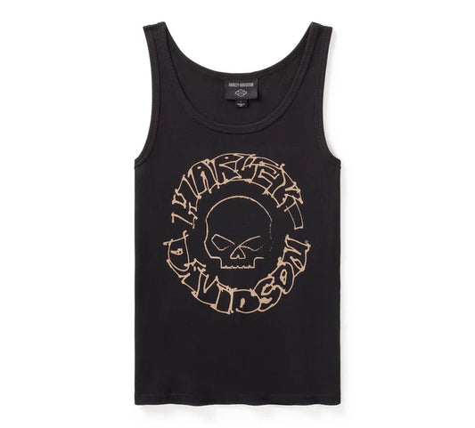 Willie G Circle Skull Sketch Ladies Art Ribbed Tank - black