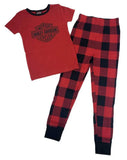 Ladies  2-Piece Bar & Shield Tight Fit Plaid PJ Set - Red
